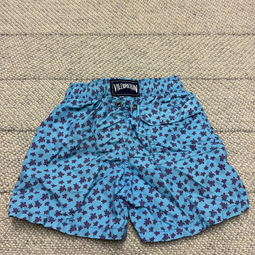 Vilebrequin Boys size 4 Blue swim trunks  with micro purple turtle print
